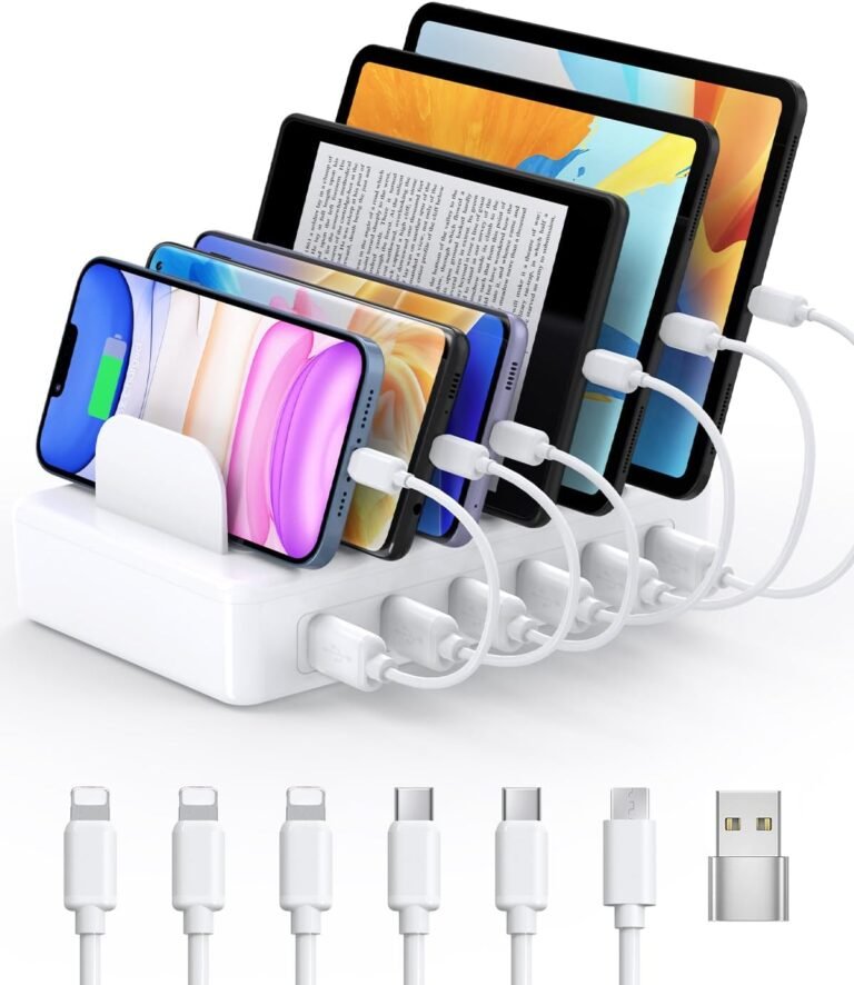 Charging Station for Multiple Devices Apple, CREATIVE DESIGN 50W Multi Charger Station with 6 USB Ports & 6 Cables, Charging Dock for Apple Android Phone iPad Kindle Tablet and Other Electronic